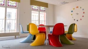 the studio conference meetings and events venue Birmingham 3rd floor Innovate colourful chairs