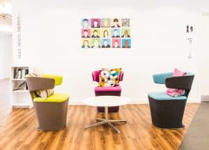 the studio conference meetings and events venue Manchester colourful chairs