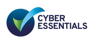 The image shows the Cyber Essentials logo, featuring a large blue tick overlapping a dark blue and green circular background, with the words CYBER ESSENTIALS in bold, dark blue text to the right.