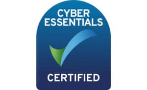 Cyber Essentials Certified logo with a blue and green tick in the centre. The words CYBER ESSENTIALS are at the top and CERTIFIED is at the bottom, all on a dark blue gradient background.