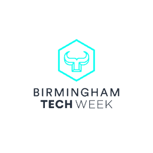 Logo for Birmingham Tech Week featuring a cyan outline of a bull's horns inside a hexagon above the event name.
